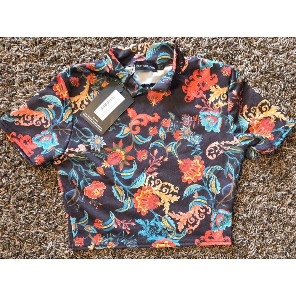 PrettyLittleThing Multi Oriental Print High Neck Short Sleeve Size 6 NWT New